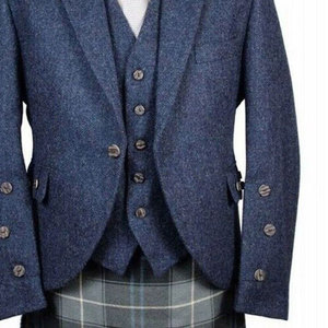 Custom <b>Men's</b> Wholesale <b>Blue</b> <b>Tweed</b> Argyle kilt <b>jacket</b> with 5 Button Waistcoat Wedding Kilt <b>Jacket</b> Front Logo - Product Image 4