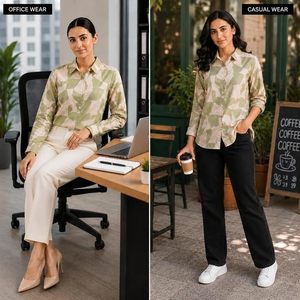 เสื้อเชิ้ตพิมพ์ลายผู้หญิง |   สีเขียวมะกอกและสีเบจ |   ผ้าเรยอน |   ชุดลำลองและชุดทำงาน - Product Image 4