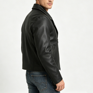 Chaqueta de moto de cuero PU negro, cuello alto, cierre de cremallera, corte regular, para otoño, chaqueta de motociclista de cuero para hombre - Product Image 3
