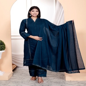 Elegante Conjunto de Kurta de Algodón Azul Turquesa para Mujer con Bordado Schiffli y Dupatta Ligero para Bodas y Diwali, Ropa Étnica - Product Image 2