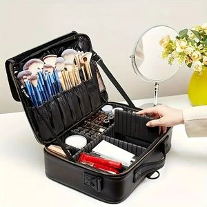 Scatola di alta qualità per il trucco in tessuto Oxford di grande capacità borsa portatile per il trucco da viaggio divisori regolabili perfetto rosso/nero - Product Image 6
