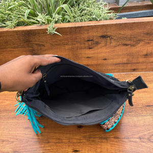 Bolso de piel de vaca hecho a mano con flecos turquesa, bolso cruzado con cremallera de alta calidad a la moda para mujer - Product Image 6