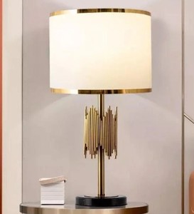 Table lamp bedside lamp modern lighting gold lamp brass finish decorative lamp fabric lampshade drum shade contemporary design - Product Image 1