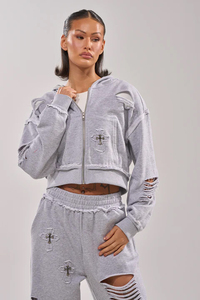 Conjunto de Sudadera con Capucha y Cremallera Gris Oversize, Pantalones de Pierna Ancha con Diseño de Corte, Ropa Unisex para Otoño, 100% Algodón Transpirable y Ecológico - Product Image 2