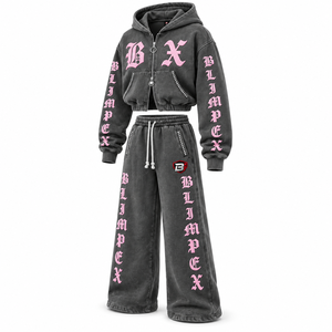 Conjunto de Sudadera Corta con Cremallera y Pantalones Anchos para Mujer, Estilo Gótico, Lavado Mineral, Directo de Fábrica Blimpex INT - Product Image 2