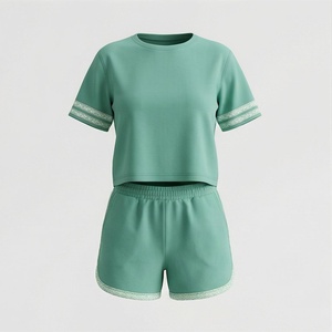 2 Piece High Quality Formal Solid Above Knee Home Wear Suit Short Sleeve T Shirt and Shorts <b>Twin</b> <b>Set</b> for Women - Product Image 1