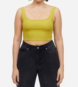 Women's Yellow Square Neck Ribbed Knit Crop Tank <b>Top</b> Casual Solid Color Sleeveless <b>Top</b> - Product Image 1