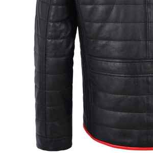 Chaqueta Acolchada de Cuero Negra para Hombre con Ribete Rojo, Cuello Alto y Cierre de Cremallera, Producto Terminado para la Temporada de Invierno - Product Image 2
