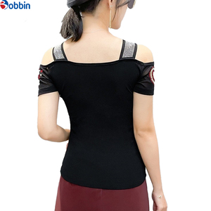 Top de malla con pedrería y corazones rojos, de hombros descubiertos, manga corta, cuello cuadrado, ajustado, para mujer, para el Día de San Valentín - Product Image 3