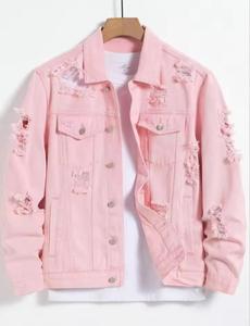 Pink <b>Denim</b> Windproof Slim Bomber <b>Jacket</b> <b>Men</b> Casual Washed Ripped Frayed <b>Hooded</b> Collar Regular Sleeve Solid Color Autumn Wear - Product Image 1