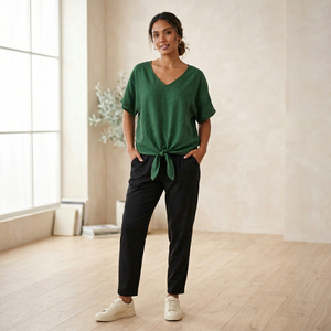 Chemisier vert en rayonne pour femme, col en V, manches courtes, épaules tombantes, coupe ample, décontracté, à nouer devant, écologique, idéal pour l'été - Product Image 1