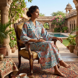 ชุดกิโมโนผ้าฝ้ายลายดอกสีครามพรีเมียมสำหรับผู้หญิง |   ชุดคลุมอาบน้ำพิมพ์ลายด้วยมือพร้อมกระเป๋า |   ชุดนอนแขนยาวคอวี - Product Image 3