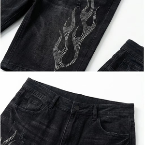 Men's Black Denim Bermuda Shorts Mid Waist Button Fly Casual Style Woven Cotton Breathable Pockets Solid Color - Product Image 4