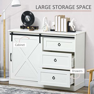 White Farmhouse <b>Kitchen</b> <b>Sideboard</b> Wood Buffet Cabinet with 3 Storage Drawers and Sliding Barn Door for Villa Dining Room - Product Image 4