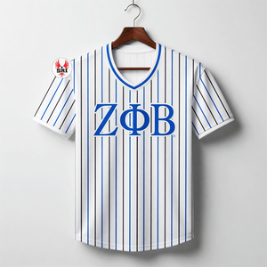 เสื้อเบสบอลลายทางสีดำ Zeta Phi Beta ผ้าโพลีเอสเตอร์ตาข่าย 100% เสื้อผ้าชมรมนักศึกษา คอวี ปักลาย - Product Image 1