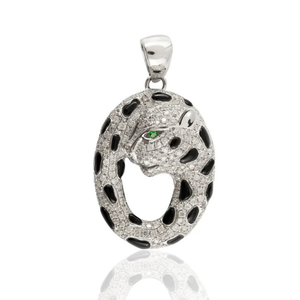 14k Solid White Gold Panther Diamond Onyx Pendant-IGI Certified Rhodium Plated Claw Setting - Product Image 2