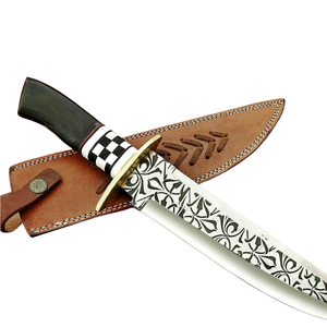 Cuchillo Bowie Hecho a Mano con Hoja de Acero Grabada en Plata, Mango de Madera Negra, Guardacuchillos Dorado y Funda de Cuero Marrón, Cuchillos de Caza Personalizados - Product Image 5