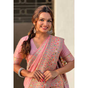 Pink Kashmiri Silk Zari Woven Saree Indian & Pakistani Clothing <b>Pashmina</b> Style - Product Image 2