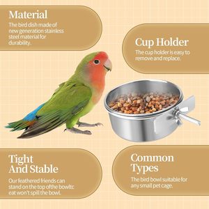 Portable Stainless Steel <b>Bird</b> Feeding Dish Water Food Bowl Coop Cups with Clamp Holder for Parrots and Other Animals - Product Image 2