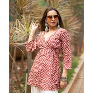 Conjunto de Kurta de Algodón Rojo Poppy, Talla XS, Casual, con Mangas Tres Cuartos - Product Image 3