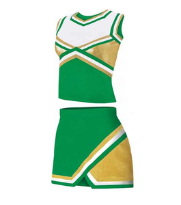 Ensemble d'uniforme de cheerleading en polyester imprimé or blanc violet pour adulte, deux pièces : crop top et jupe, design color block - Product Image 6