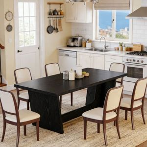 Tavolo da Pranzo in Legno Massello Rettangolare con Piano in Pietra Sinterizzata Effetto Marmo, Arredamento per Sala da Pranzo, Assemblato - Product Image 5