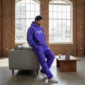 Ensembles de survêtements pour hommes avec logo personnalisé, brodés, délavés à l'acide, couleur violette, streetwear de haute qualité, effet vieilli, en tissu épais, imprimés - Product Image 4