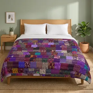 Purple Patchwork Bedspread <b>Handmade</b> Silk Kantha <b>Quilt</b> Indian Silk Throw Blanket - Product Image 1