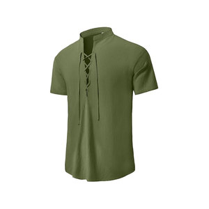 Chemise habillée vintage pour homme en lin et coton corail, col mandarin, manches longues, respirante, couleur unie, haut de printemps en popeline 320g - Product Image 1