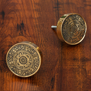 Solid Brass Engraved Round <b>Cabinet</b> <b>Knob</b> Antique <b>Gold</b> Finish Decorative Drawer Pull Wardrobe Door Furniture Hardware - Product Image 1