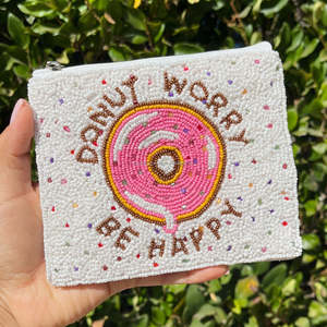 Pochette perlée 'Donut Worry Be Happy' rose, porte-monnaie fantaisie, mini portefeuille zippé, vente en gros pour boutiques, cadeau amusant - Product Image 4