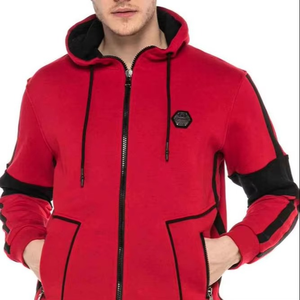 Men's Red Hooded Zip-Up Sweatshirt With Black Accents Casual Autumn Wear Regular Fit French Terry <b>Fabric</b> - Product Image 1