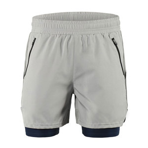 Pantalones Cortos Deportivos 2 en 1 para Hombre, Color Gris Claro y Azul Marino, Doble Capa, Forro Interior de Compresión, Bolsillos con Cremallera, Alta Calidad, Personalizables - Product Image 1