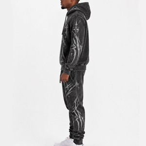 Custom LOGO Streetwear Jogging <b>Set</b> Zip up Acid Wash Tracksuit SweatSuit Hoodie and Straight Leg <b>Sweatpants</b> <b>Set</b> Men Hoodie - Product Image 4