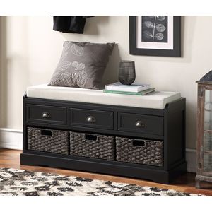 Banc de rangement en bois Homes Collection avec 3 tiroirs et 3 paniers en osier - Product Image 2