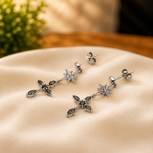 Pendientes Colgantes de Plata de Ley 925 con Cruz de Estrella y Gema Negra Marquise, Joyería para Mujer para Bodas y Fiestas - Product Image 4