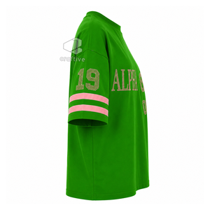Alfa |   Kapa |   Camiseta Alpha para Mujer con Pedrería Brillante, Letras Griegas Verdes y Rosas, Cuello Redondo, Manga a Rayas y Diseño Gráfico - Product Image 3