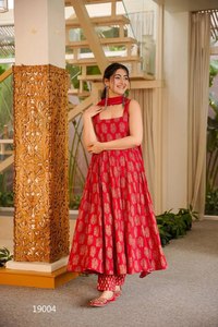 Women's RED Printed Anarkali Suit With Dupatta Floor Length Traditional Party Wear India Pakistan Style Silk <b>Dress</b> - Product Image 5