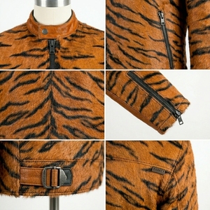 Custom Mens Tiger <b>Pattern</b> Hair-on-Hide Genuine Leather Jacket Wholesale Real Cowhide Moto Biker Stand Collar Slim Fit Coat - Product Image 6