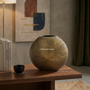Jarrón Esférico Moderno con Textura de Rayos de Sol, Jarrón de Metal Antiguo Color Bronce, Jarrón Decorativo con Líneas Radiales, Jarrón Decorativo de Lujo para el Hogar y Hoteles - Product Image 3