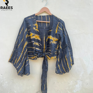 Top Corto de Mujer Hecho a Mano 100% Algodón, Ajustable con Lazos, Cómodo, Casual, Estilo Bohemio, Mangas Campana Largas, Primavera Verano - Product Image 3