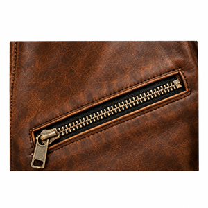 Chaqueta de Motociclista de Cuero Marrón para Hombre, Cuello Alto, Cierre de Cremallera, Corte Ajustado, para Otoño - Product Image 5