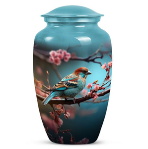 Urna crematoria suave y elegante con un pájaro cantor sobre flores de cerezo para una memoria delicada y artística. Disponible a precios de mayorista. - Product Image 5