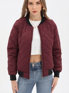 Women's Quilted Bomber Jacket Solid Color <b>Zipper</b> Closure Stand Collar Short Length Full Sleeve Autumn Wear - Product Image 4