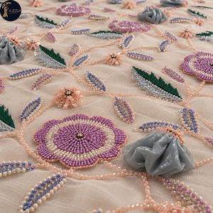 Tissu en filet brodé de fleurs avec des fleurs perlées violettes |   Applique en feuilles argentées vertes et roses grises pour robe de soirée élégante - Product Image 2