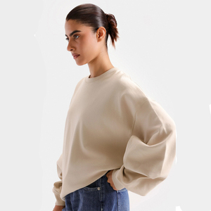 Sweat-shirt à col rond surdimensionné pour femmes, couleur unie, manches longues, tricoté, 100% coton, hiver, brodé, imprimé, vêtements décontractés - Product Image 2