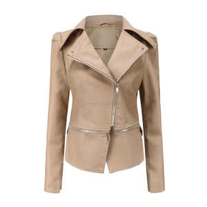 แจ็กเก็ตผู้หญิงหนังขี่จักรยานสีเบจแบบแยกชายเสื้อโค้ทเข้ารูปแขนยาวปกมีซิป - Product Image 2