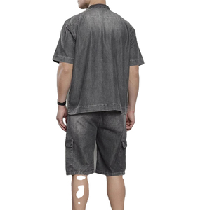 Men's Denim Short Sleeve Shirt With Cargo Shorts <b>Set</b> Solid Color Washed Cotton Woven Casual Plus Size Summer Wear - Product Image 3