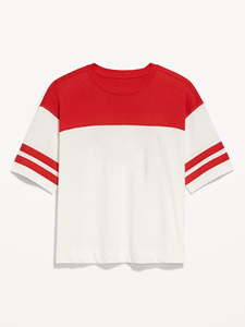 Women Red White Color Block Crew Neck Short Sleeve T-Shirt Loose Fit Sporty Style Logo Printed 100% Cotton Fabric Spring Summer - Product Image 3