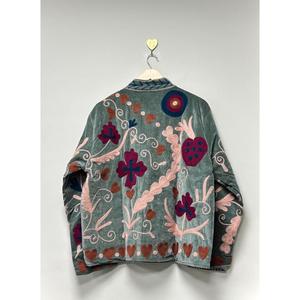 Handmade Suzani Gray <b>Velvet</b> <b>Jacket</b> Floral Embroidery Stand Collar Bohemian Full Sleeve Vintage <b>Women</b> Outerwear - Product Image 4